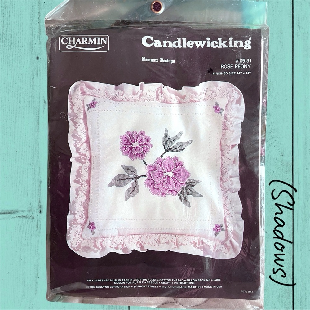 VTG NEW “Rose Peony” Pink Flowers Candlewicking Cross Stitch Pillow Kit Unopened